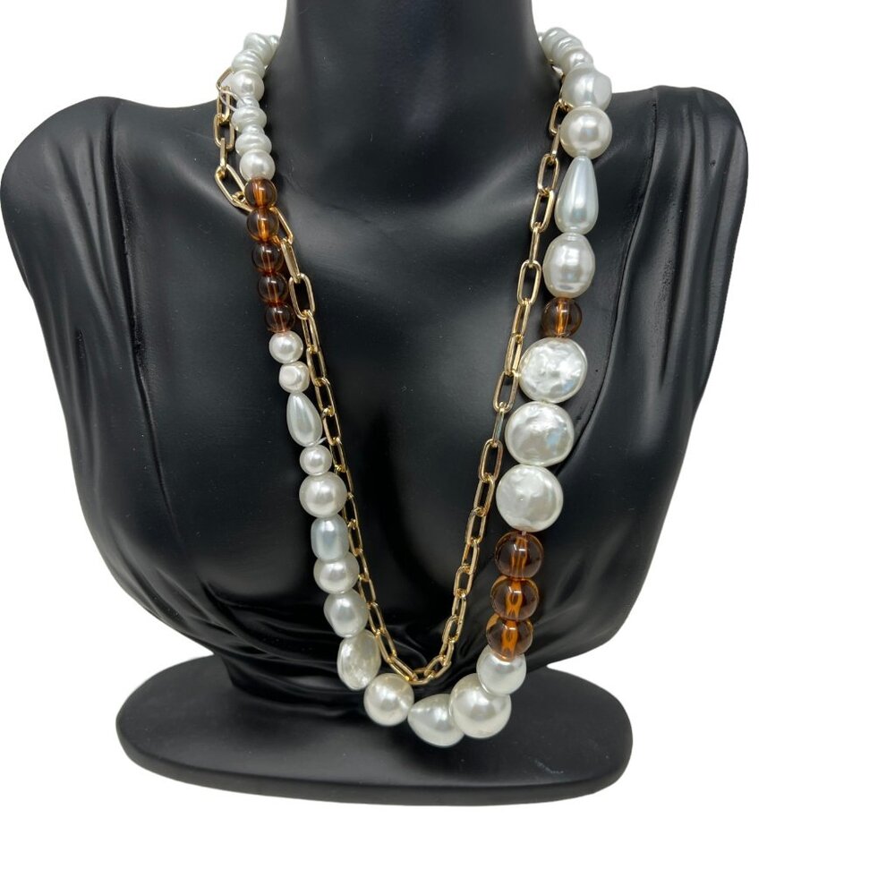 Faux Pearl Necklace‎ Two Strand Chain Brown Beads Asymmetrical Adjustable